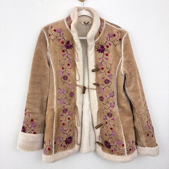 Vintage Jackets & Blazers - Vintage St John's Bay Women Suede L Embroider Shearling Jacket Penny Lane Floral